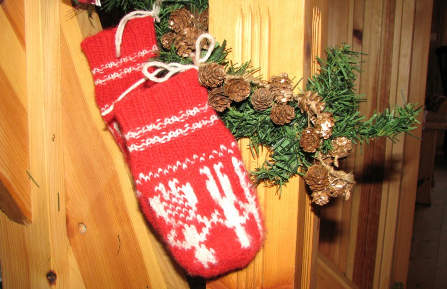 Old stocking gifts as decorations